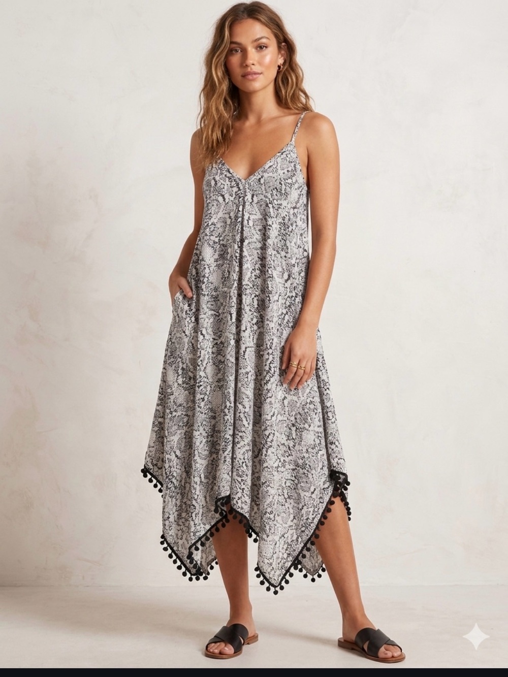 Japna Black & White Snake-Print Asymmetrical Slip Dress with Pom Trim